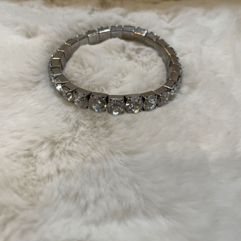 Silver Stretchy Bracelet, Faux Fashion Diamond Studs,